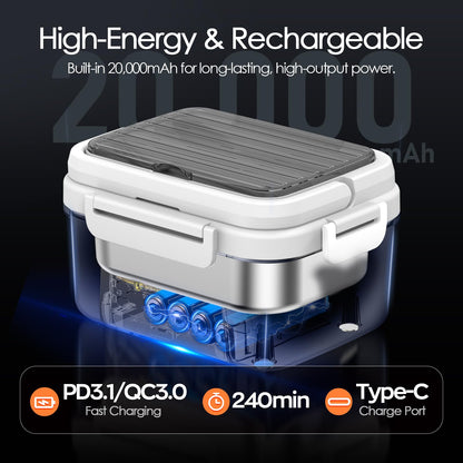 Odopok Cordless Electric Lunch Box, 6.3 Cup 100W Heated Lunch Box with 20000mAH Battery Powered for Self Heating, Including Fork Spoon and Insulated Bag for Men Women Adults, BPA Free(Black+White)