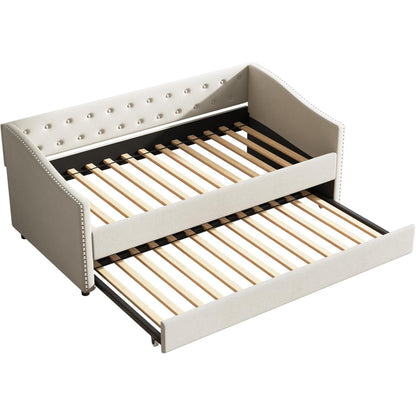 FAVSH Upholstered Daybed with Trundle, Twin Size Day Bed w/Button-Tufted Back and Piping on Waved-Shape Arms for Bedroom or Guest Room, No Box Spring Required,Beige