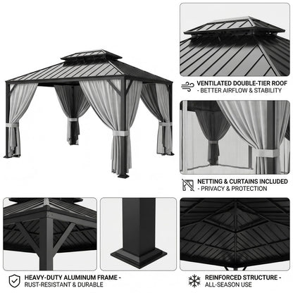 IRONCK 12'x10' Hardtop Gazebo, Update Aluminum Frame Gazebo with Galvanized Steel Double Roof, Outdoor Pergola with Curtain and Net, Backyard Canopy for Garden, Deck, Gray and Black