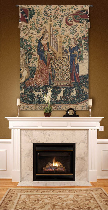 C Charlotte Home Furnishings Inc Lady and the Organ Beige Belgian Tapestry Wall Hanging | Viscose Cotton and Polyester Blend Wall Art | 33 in. x 21 in | Home Decor Accents