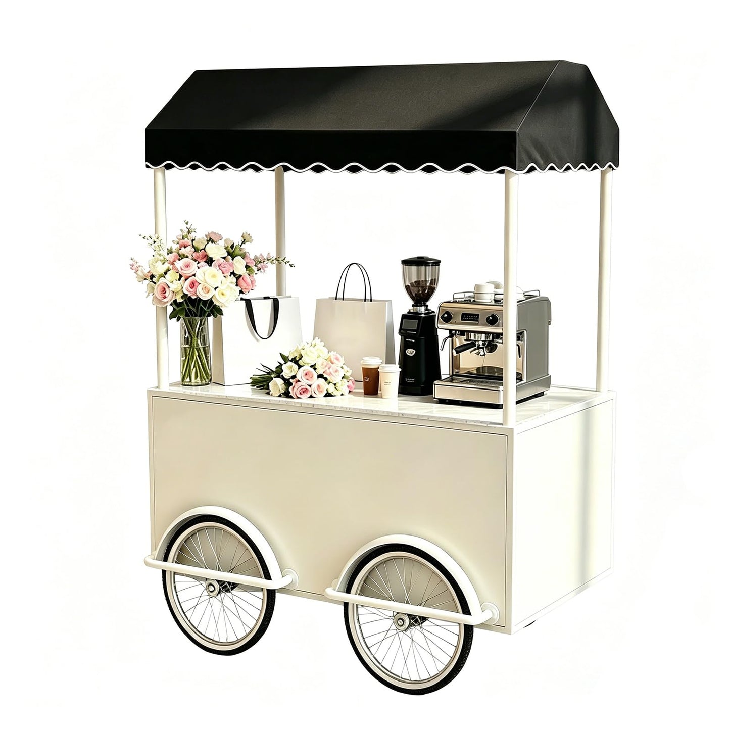 FUNEWBO Beverage & Coffee Service Cart with Scalloped Awning,Wheeled Display Trolley,Mobile Serving Station for Events,Cafes & Small Business(63 * 27.5 * 78.7in, White)