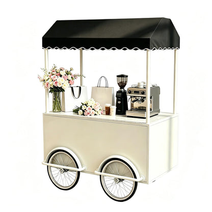 FUNEWBO Beverage & Coffee Service Cart with Scalloped Awning,Wheeled Display Trolley,Mobile Serving Station for Events,Cafes & Small Business(63 * 27.5 * 78.7in, White)