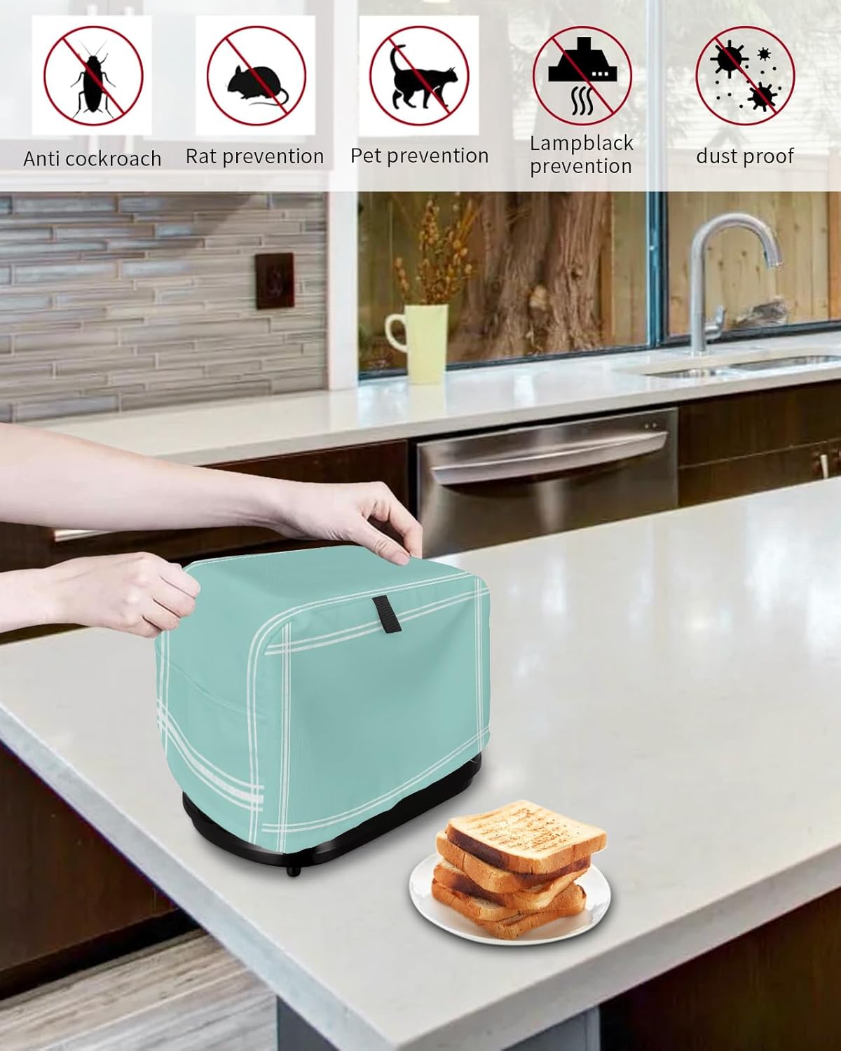 2 Slice Toaster Cover, Solid Teal Color Dustproof Bakeware Protector with Pockets for Small Kitchen Appliances