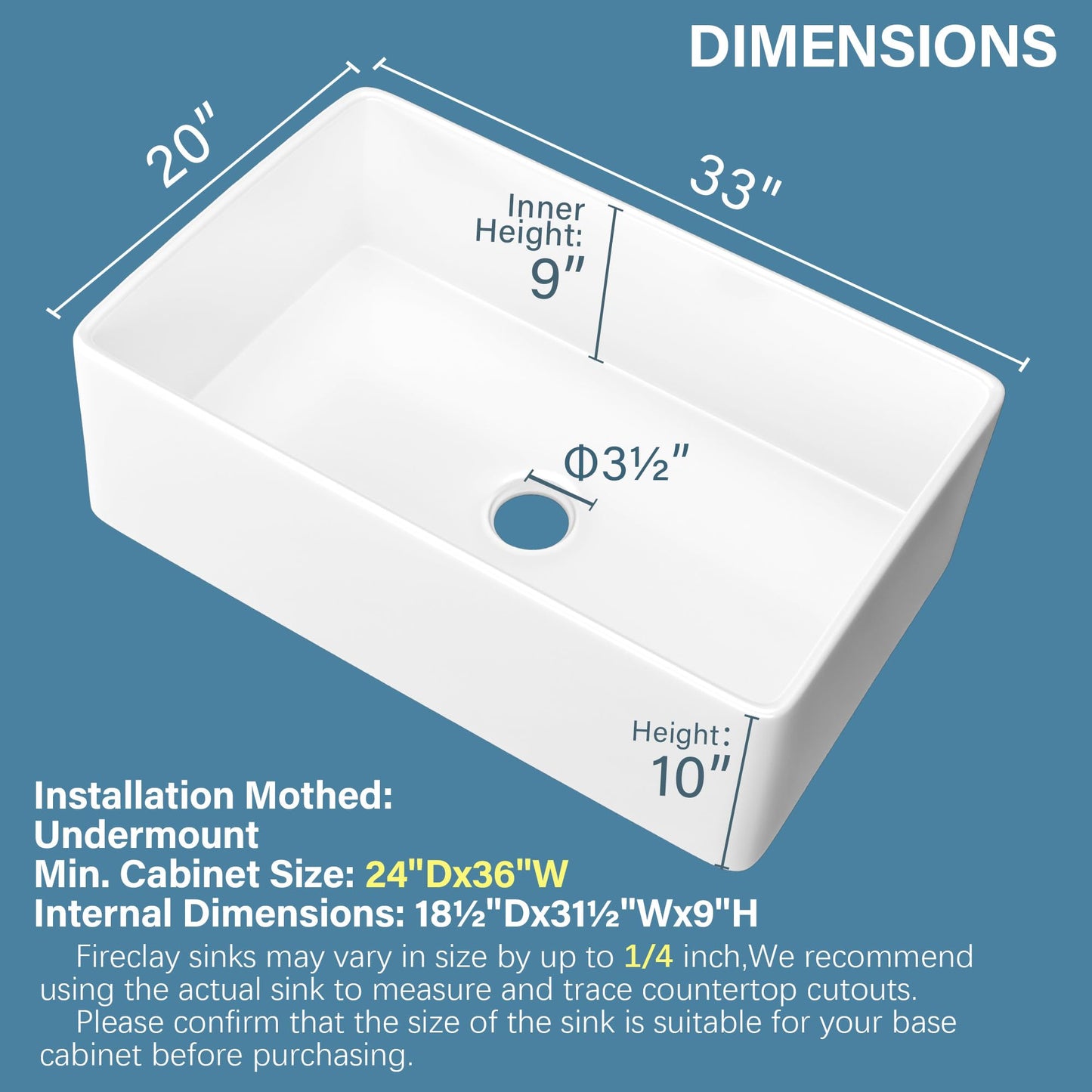 HOMLYLINK White Farmhouse Sink 33 x 20 Inch, Large Firecaly Apron Front Undermount Farm Sink Heavy Duty Deep Single Bowl, with Custom Accessories 2 Types, Pure White, for Kitchen