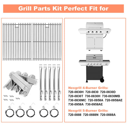 Grill Parts for Nexgrill 5 Burner 720-0888 720-0888N 720-0888A,4 Burner Nex-grill 720-0830H 720-0830 Stainless Steel Cooking Grates, Heat Plates, Burner Replacement Kit for Home Depot Nex grill