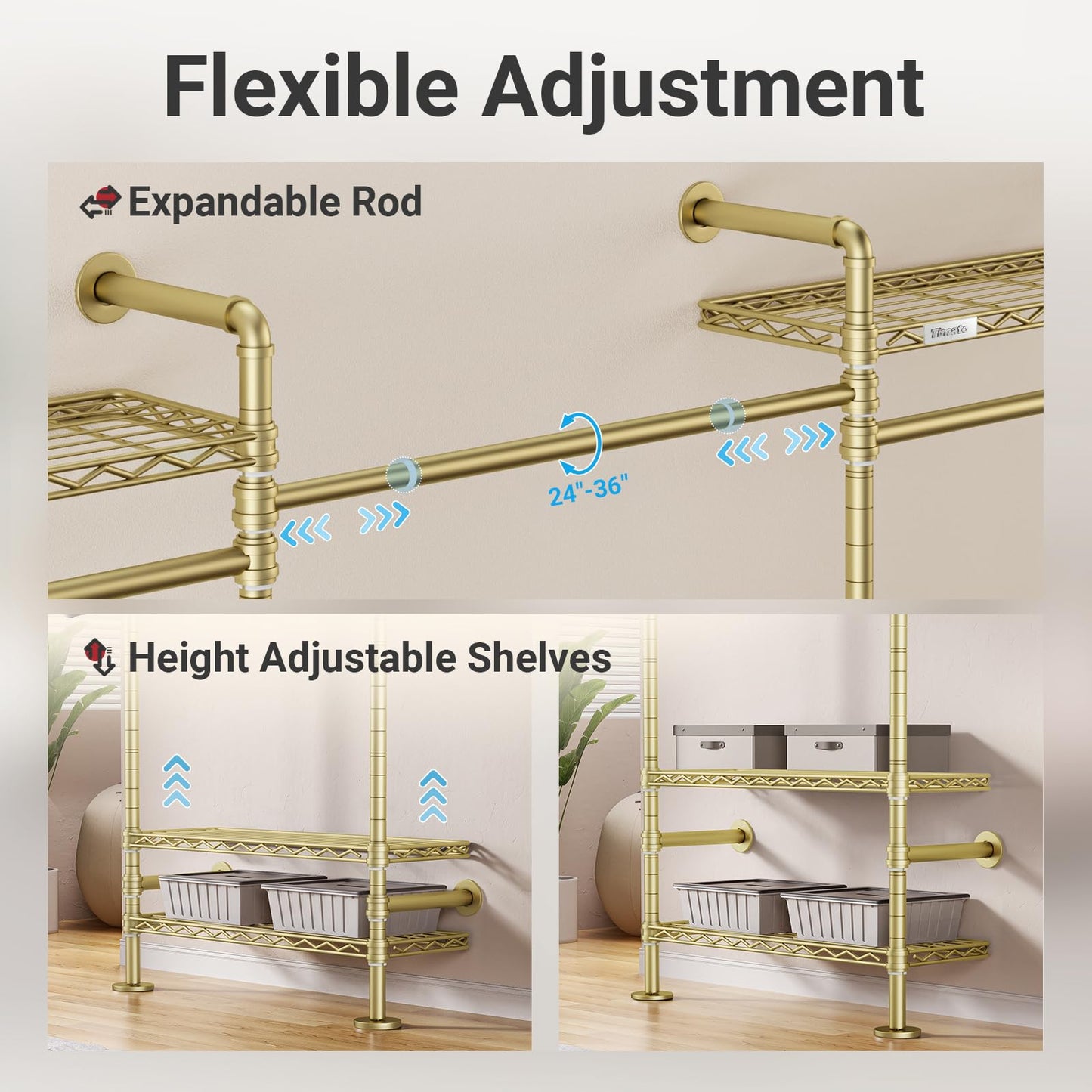 Timate U5 Expandable Wall Mounted Clothes Rack, Walk in Closet, Heavy Duty Industrial Pipe Clothing Rack with 4 Expandable Hanger Rods & 8 Adjustable Shelves, Fits Spaces 8'- 10', Gold