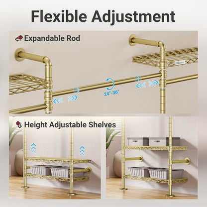 Timate U5 Expandable Wall Mounted Clothes Rack, Walk in Closet, Heavy Duty Industrial Pipe Clothing Rack with 4 Expandable Hanger Rods & 8 Adjustable Shelves, Fits Spaces 8'- 10', Gold