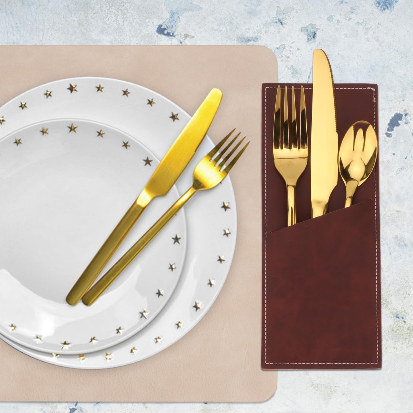 Leather Cutlery Sleeve Utensil Holders, 2 Pcs (Red brown/Wine red) for Knife and Fork Silverware, Mother's Day Decor