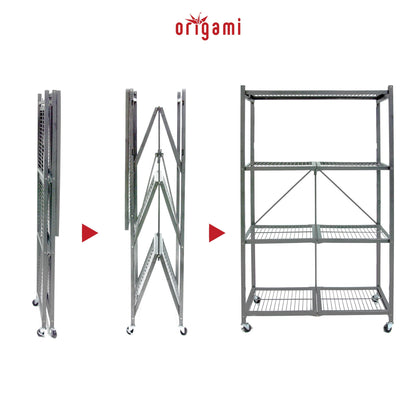 Origami R5 4-Shelf Heavy-Duty Folding Storage Rack, Pewter - Large Foldable Metal Shelving Unit with Wheels for Garage, Pantry, Basement, Laundry Room or Warehouse