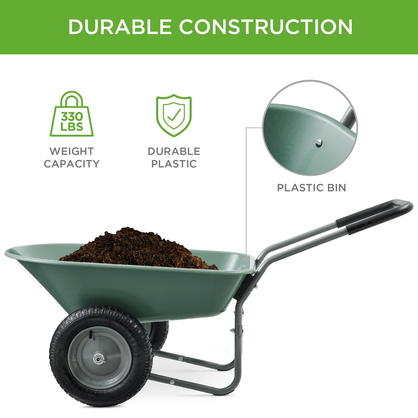 Best Choice Products Dual-Wheel Home Utility Yard Wheelbarrow Garden Cart w/Built-in Stand for Lawn, Gardening, Construction - Seafoam