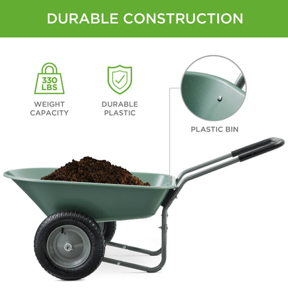 Best Choice Products Dual-Wheel Home Utility Yard Wheelbarrow Garden Cart w/Built-in Stand for Lawn, Gardening, Construction - Seafoam