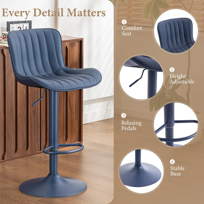 YOUNUOKE Bar Stools Set of 2, Counter Height Barstools for Kitchen Island, Modern Adjustable Swivel Blue Bar Chairs with Blue Legs