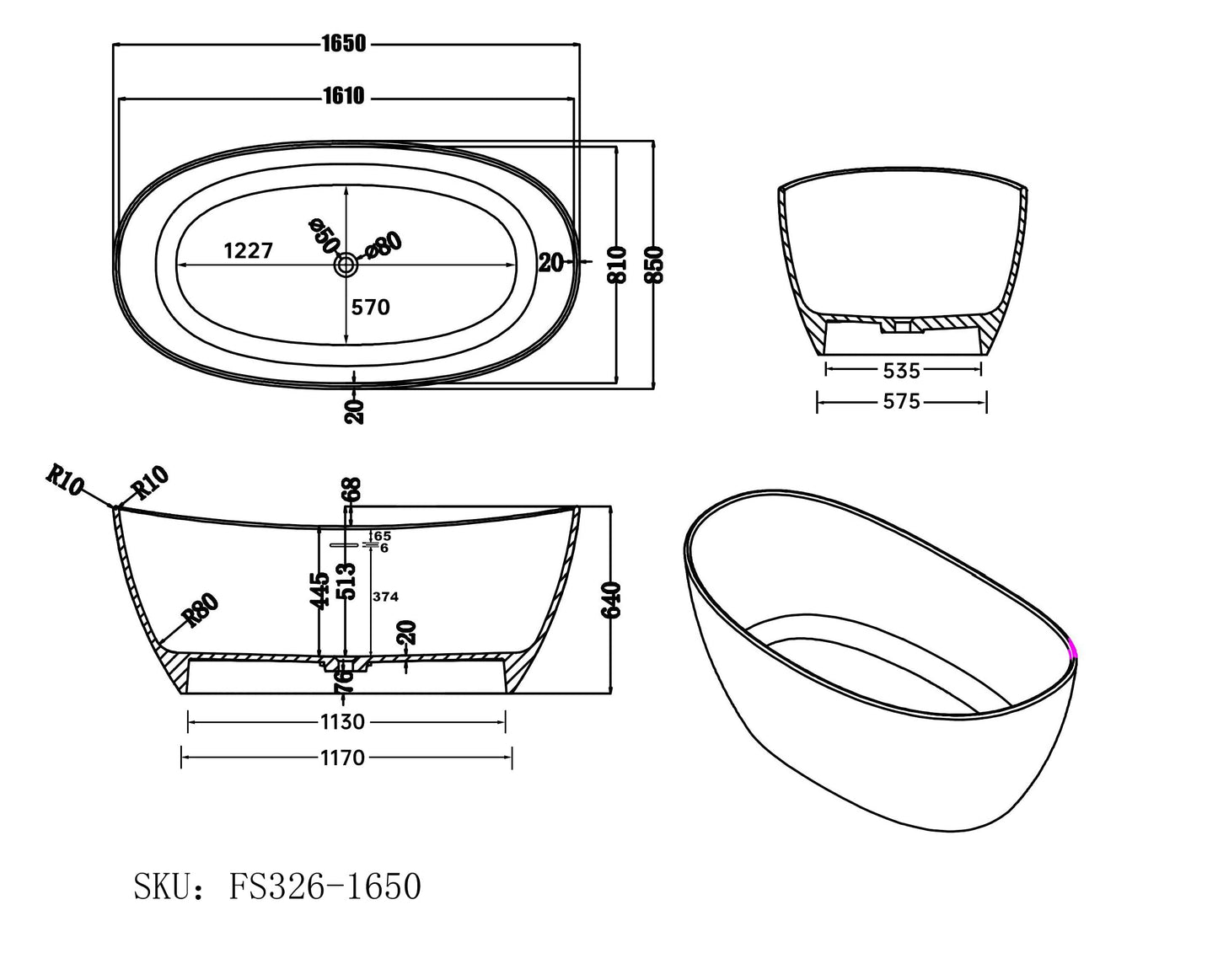 65'' Freestanding Solid Surface Resin Stone Bathtub, Freestanding Tub, Contemporary Design Stand Alone Tub with Pop-up Drain and Overflow, cUPC Certified, Matte White