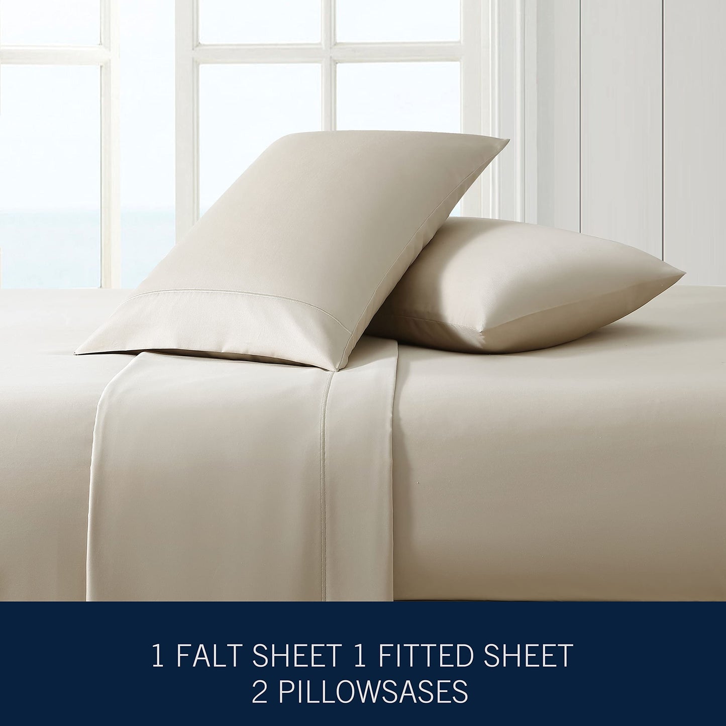 Nautica - King Sheets, Cotton Sateen Bedding, 400 Thread Count, Silky Smooth & Wrinkle Resistant (Regatta Beige, King)