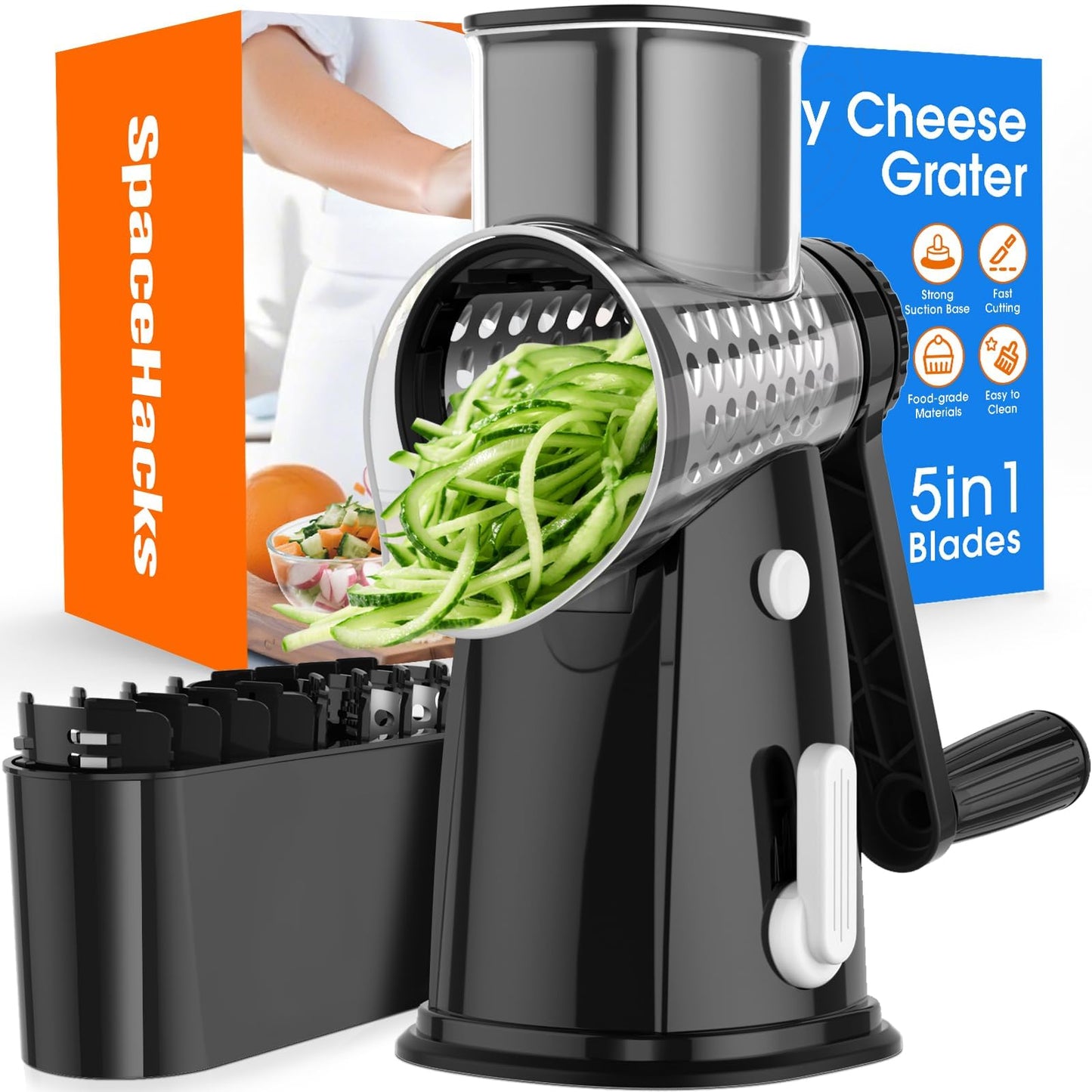 SpaceHacks Rotary Cheese Grater Hand Crank, with 5 Blades for Chopper Shredder Spiralizer Slicer for Vegetable Cheese Fruit, Food Chopper for Kitchen with Blades Storage Box & Suction Base (Black)