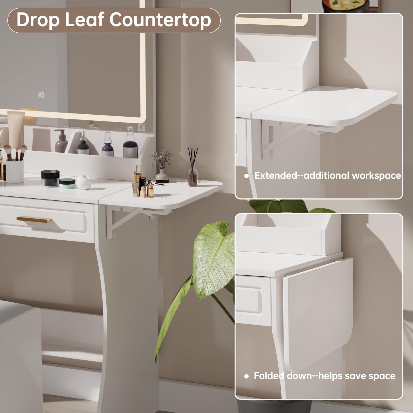 homesflex HMVD01-TES Modern White Makeup Vanity Desk with Adjustable Lights, Mirror, and Storage - Complete Vanity Set with Drawers, Shelves, and Stool