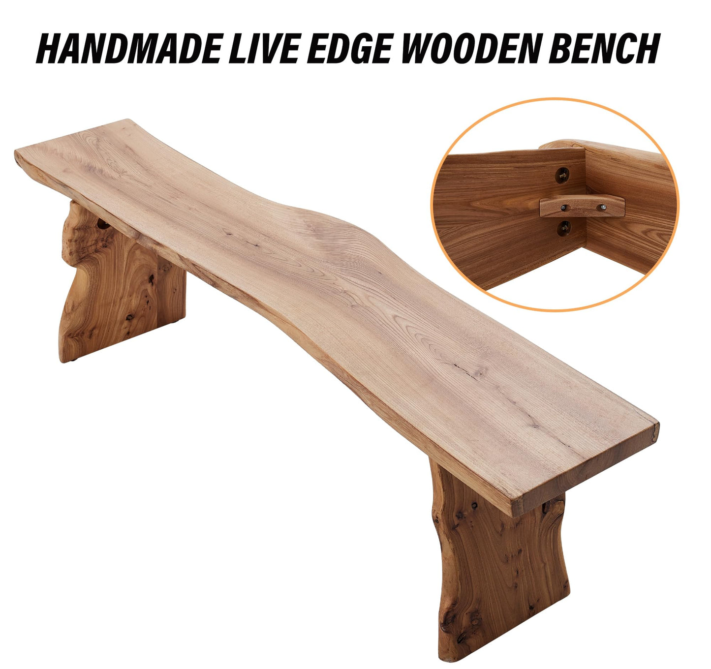 K KELBEL 63” Wooden Dining Bench,Entryway Bench,Solid Natural Edge,End of Bed,Kitchen Table Benches,Entryway Benches for Rustic Home Décor Furniture