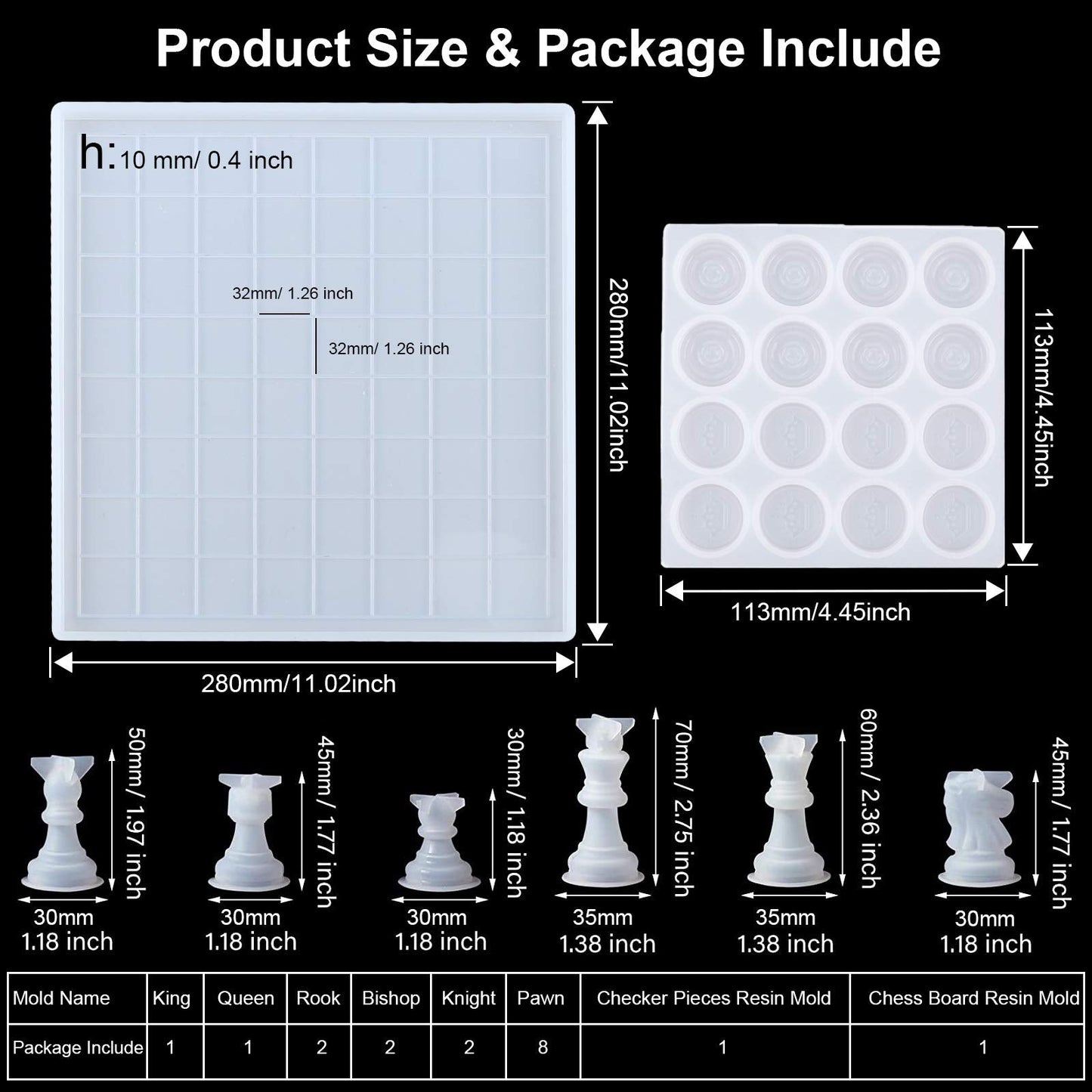 Resin Chess Set with Checkers Board Silicone Mold Set with 2 Pack Chess Piece Holder, 32 Pieces Full Size 3D Silicone Chess Molds Kit for Epoxy Resin Casting, Party Board Games and Home Decoration