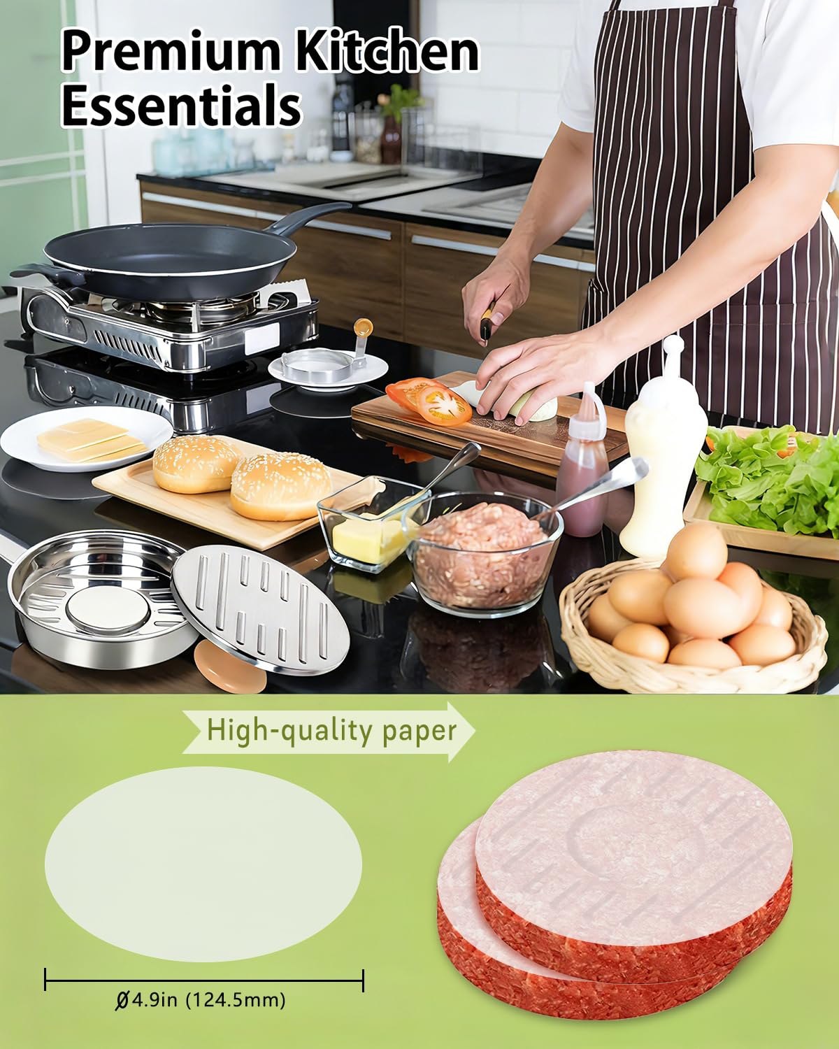 DSTHISAR Burger Press, 5”Stainless Steel Hamburger Press Patty Maker, Non-Stick Hamburger Press for Making Patties, for Grilling and Cooking, Comes with 100 Pieces of Wax Paper