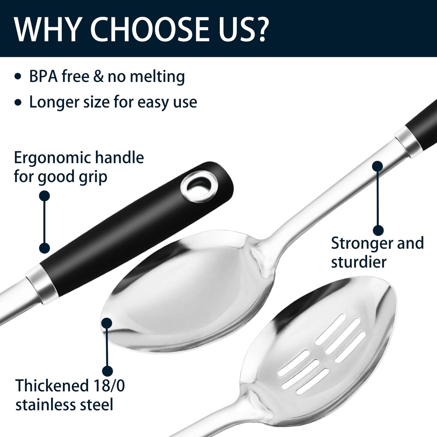 MUJINON 14-in Cooking Spoons Set, Heavy Duty 18/0 Stainless Steel Large Serving Spoons Set, Slotted Spoon, Cooking Spoon & Soup Ladle, Commercial and Residential Use, Pack of 3