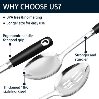 MUJINON 14-in Cooking Spoons Set, Heavy Duty 18/0 Stainless Steel Large Serving Spoons Set, Slotted Spoon, Cooking Spoon & Soup Ladle, Commercial and Residential Use, Pack of 3