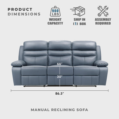 Lexicon 86.5" W Manual Reclining Sofa, Top Grain Leather Match Reclining Sofa, Home Theater Seating, Wall Hugger Recliner Couch, Manual Double Recliner RV Couch for Living Room, Blue