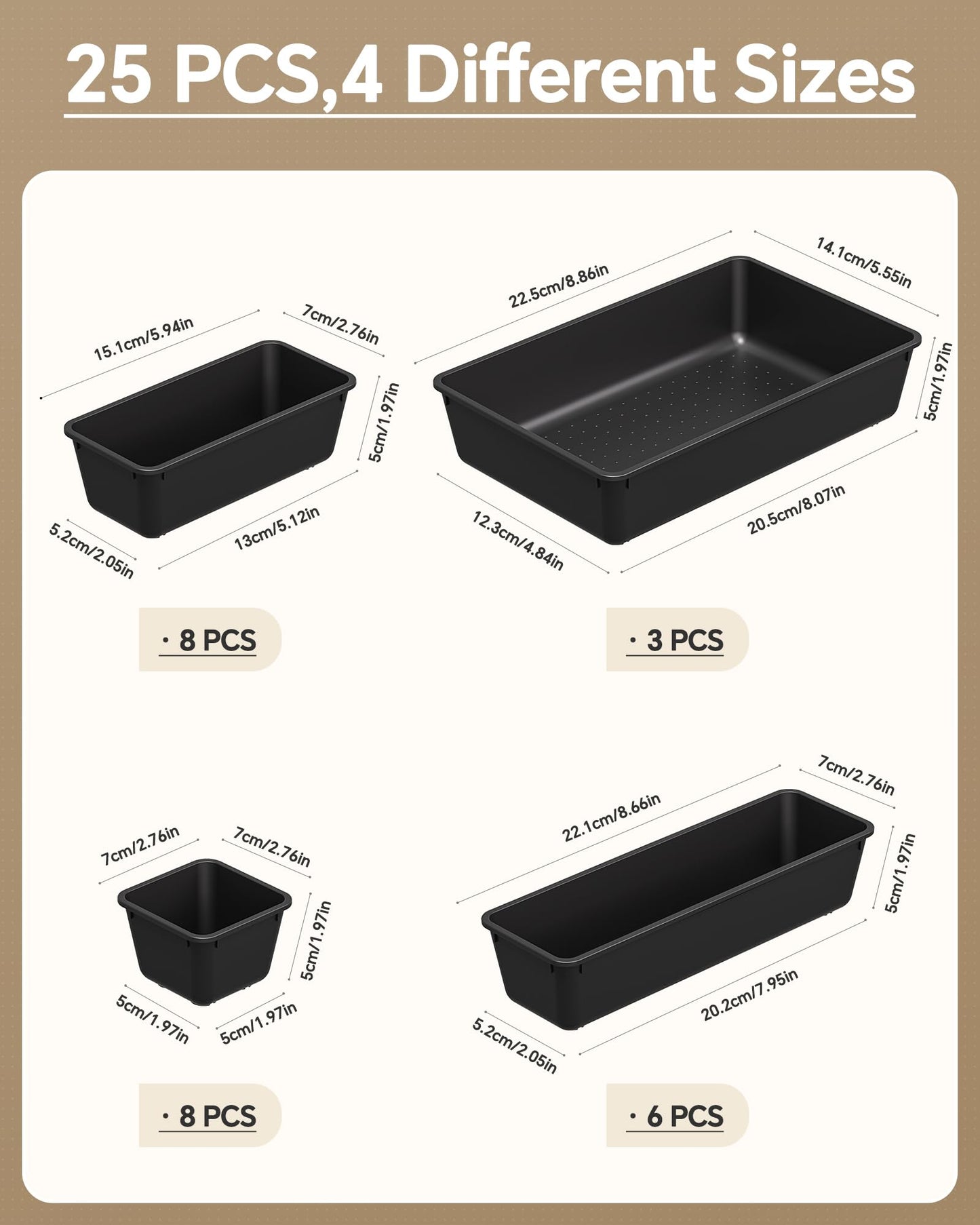 KEMETHY 25 PCS Plastic Drawer Organizers Set, 4 Sizes Vanity Organizer, Makeup and Desk Drawer Organizer Trays, Organization and Storage for Makeup, Bathroom, Kitchen Utensils and Office (Black)