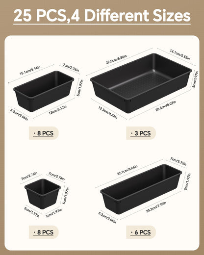 KEMETHY 25 PCS Plastic Drawer Organizers Set, 4 Sizes Vanity Organizer, Makeup and Desk Drawer Organizer Trays, Organization and Storage for Makeup, Bathroom, Kitchen Utensils and Office (Black)
