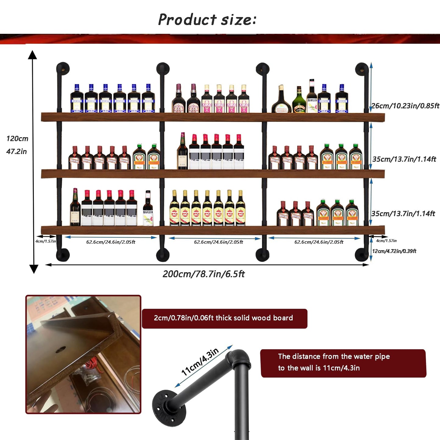 Dawselod 78.7in Large Wine Rack with LED Light Solid Wood Wall Mounted Wine Rack, 3-Tiers Liquor Bottles Floating Shelves Display Storage Organizer for Home Bar & Dining Room (200cm/78.7in)