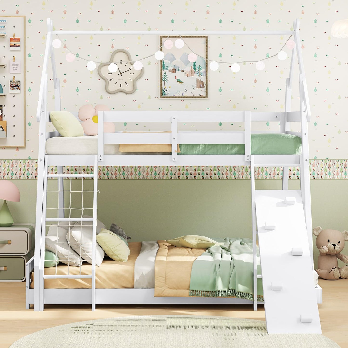 Giantex Twin Over Queen Bunk Bed, Wood House Bunk Bed for Kids with Climbing Nets and Ramp, Floor Queen Size Bunk Beds with Safety Guardrail, No Box Spring Needed, for Boys Girls Adults (White)