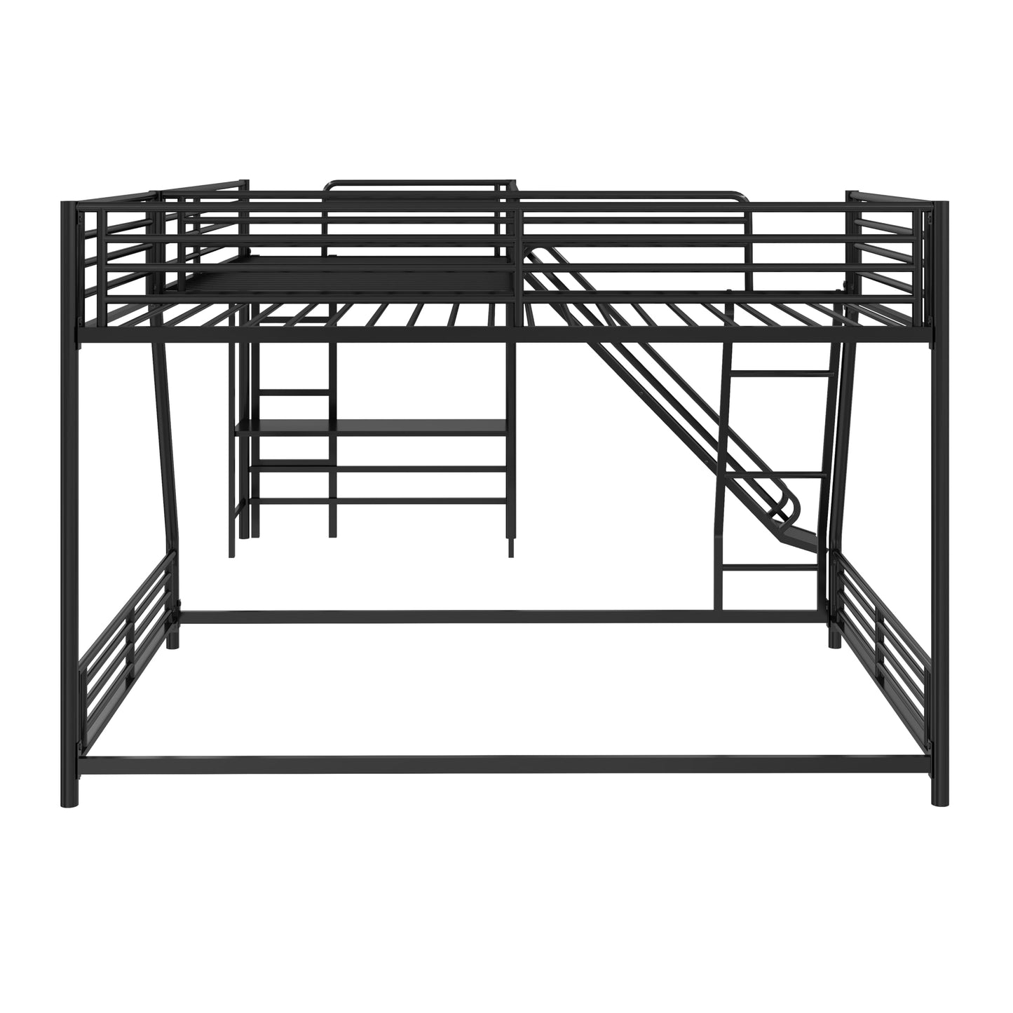 Merax L-Shaped Twin Over Full Bunk Bed with Twin Size Loft Bed, Black Metal Bunk Bed with Built-in Desk and Slide