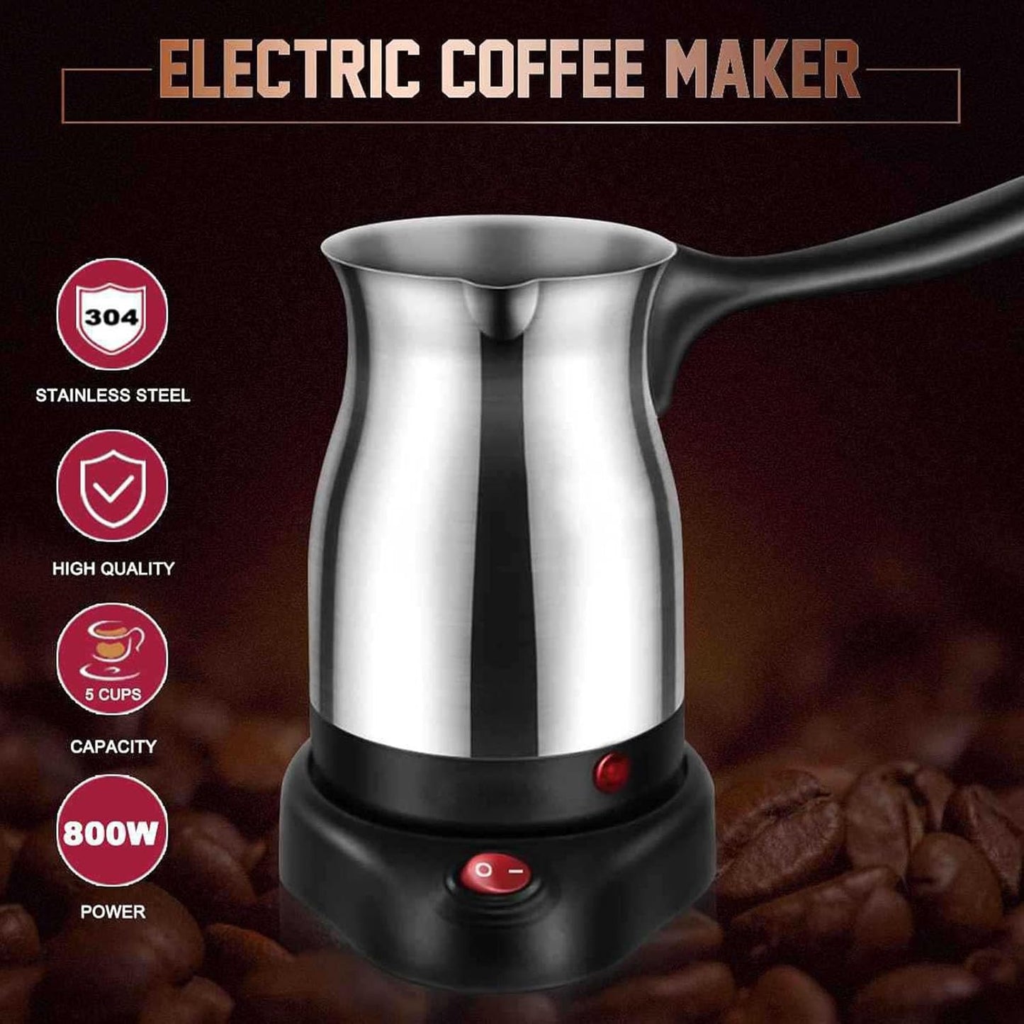 Electric Coffee Pot, 600ML Stainless Steel | Ergonomic Handle Coffee Maker Kettle, 5 Cups Turkish Electric Percolator