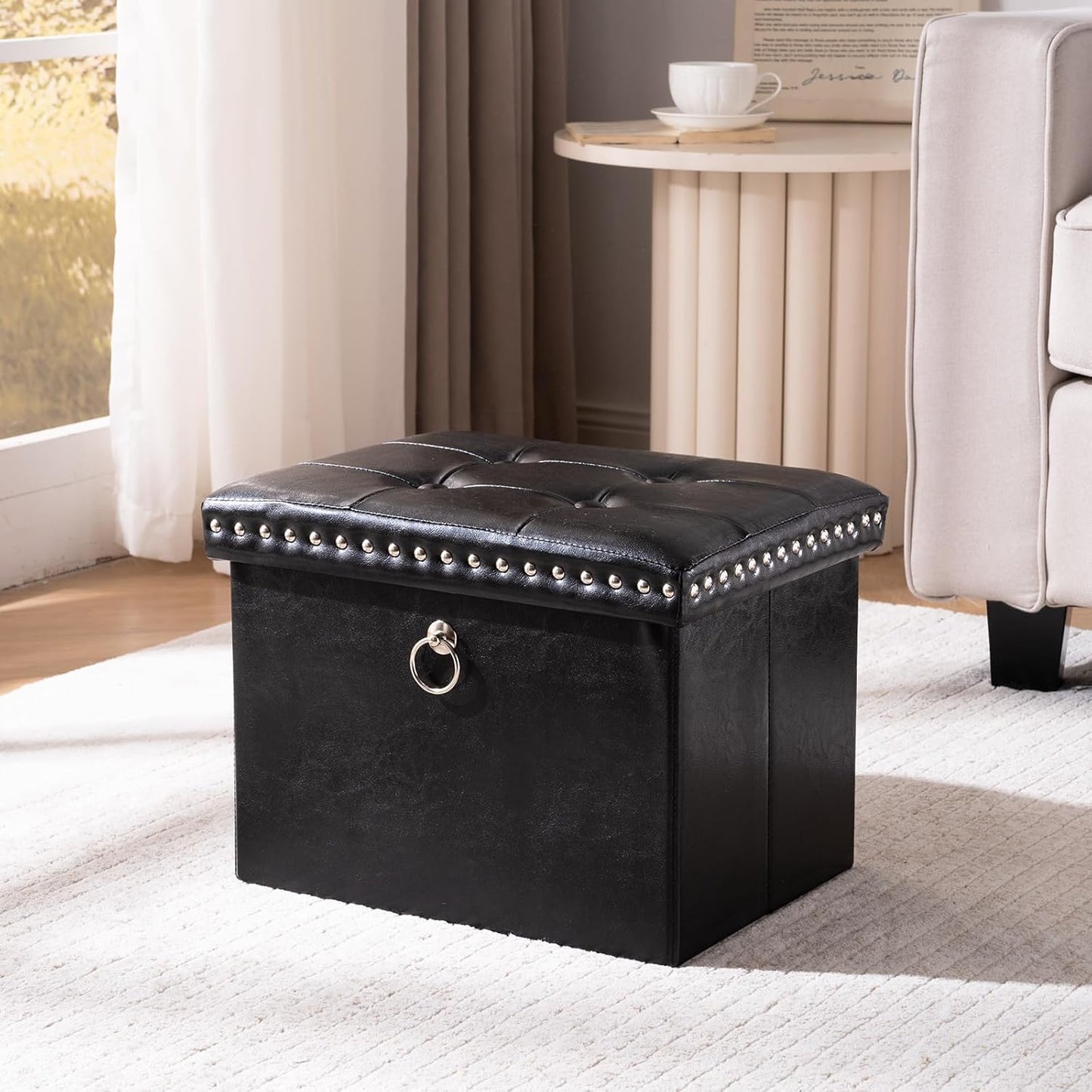 16x12x12 oakvivo Small Storage Ottoman Foot Rest Stool, in Foldable Leather Footstool Storage Bench with Rivet Design