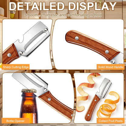 2pcs Premium Vegetable Peeler with Wooden Handle and Bottle Opener, Stainless Steel Blade Peelers for Kitchen Tool for Fruit Apple Potato Pumpkin Papaya