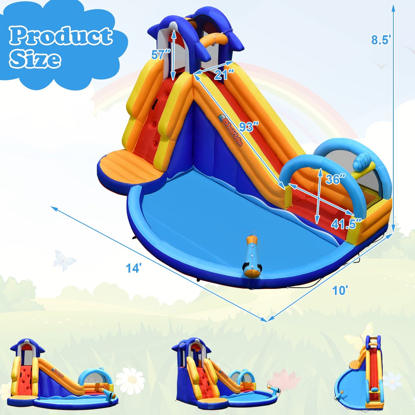 OLAKIDS Inflatable Water Slides, 14FT x 10FT x 8.5FT Shark Theme Bouncy House with Slide, Splash Pool, Climbing Wall, Water Gun, Outdoor Jumping Castle with Hose Carry Bag Stakes