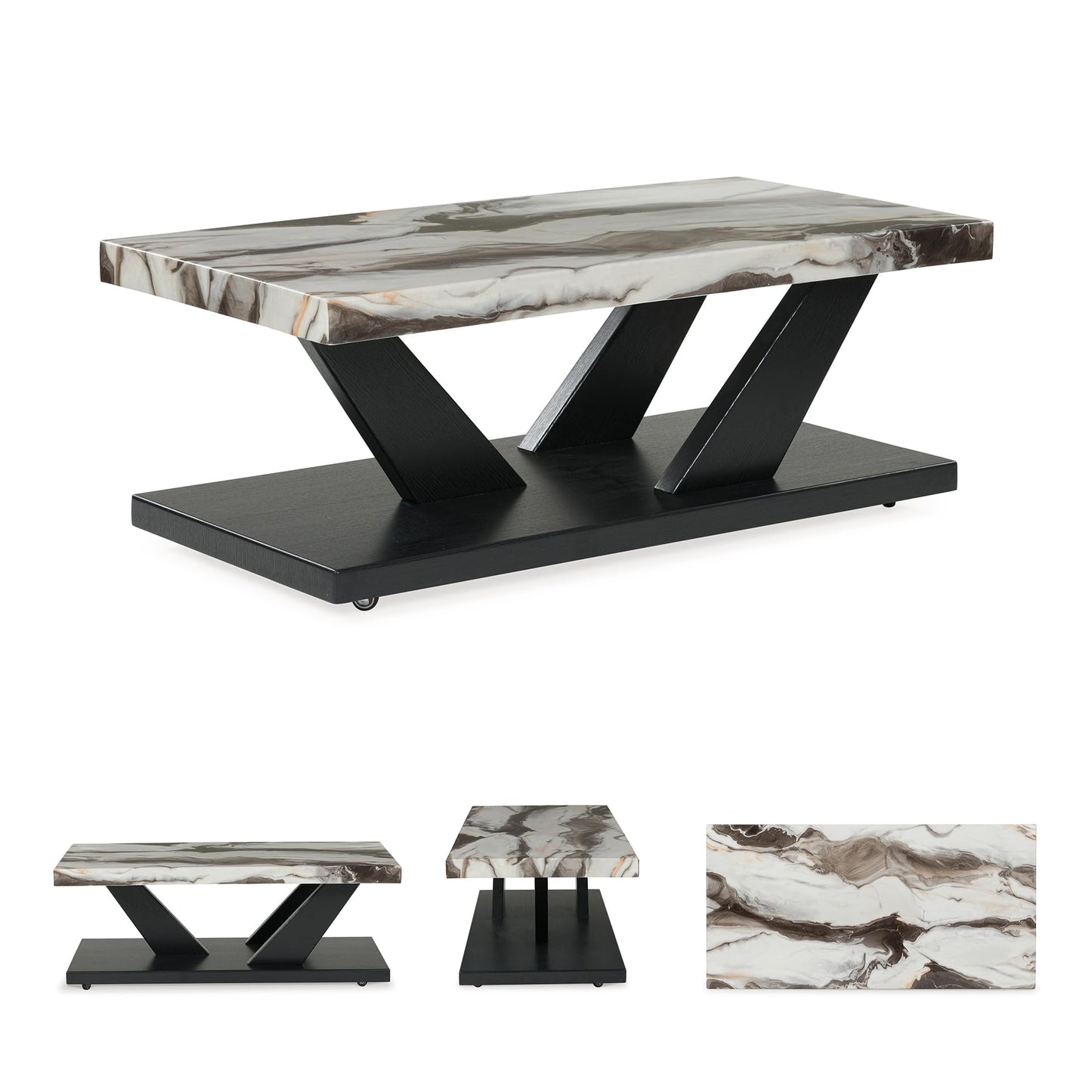 Signature Design by Ashley Cendill Contemporary Faux Marble Table with Casters, Set of 3, White & Black
