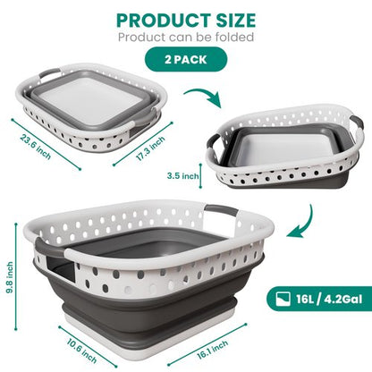 Ideality Shop Collapsible Laundry Baskets - Set of 2 Laundry Hamper 3 Handled Plastic Dirty Clothes Hamper Foldable Laundry Basket