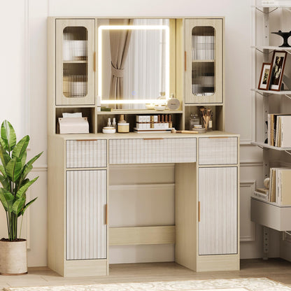 Garvee Vanity Desk with Mirror and Light, Modern Makeup Dressing Table with Adjustable 3 Colors Light, Vanities for Bedroom with 2 Glass Cabinet, 2 Large Cabinet, 3 Drawers & Storage Shelves, Natural