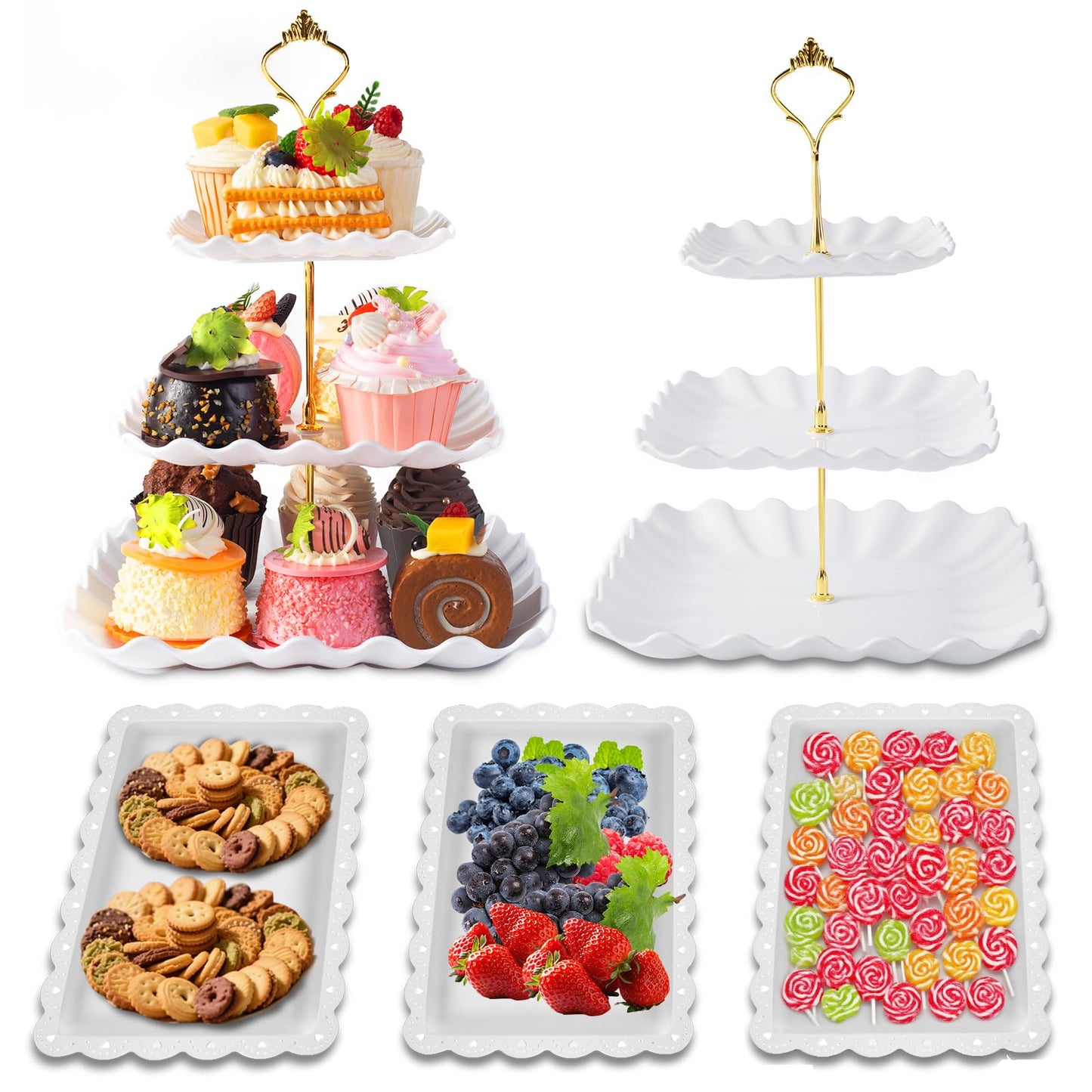 Wgbon 5 Pack Dessert Table Display Set, 2 Sets 3 Tier Cupcake Stand, 3 Pcs Food Serving Trays, Tiered White Plastic Cup Cake Tower for Birthday Baby Shower Wedding and Tea Party Supplies (5, Large)