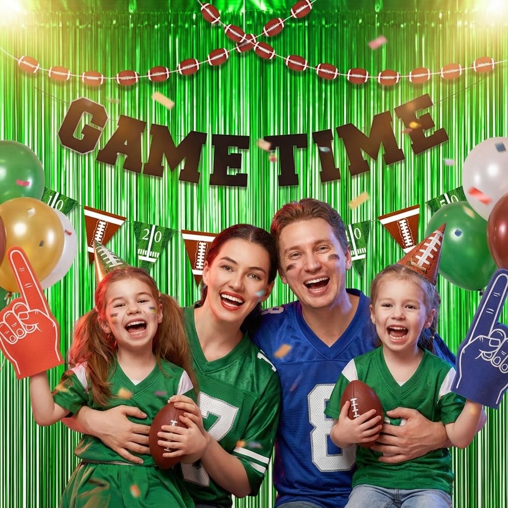 Football Party Decorations Set with Green Fringe Curtains & GAME TIME Banner – Game Day Football Decor, Football Themed Party Supplies for Birthday, Watch Party & Sports Events