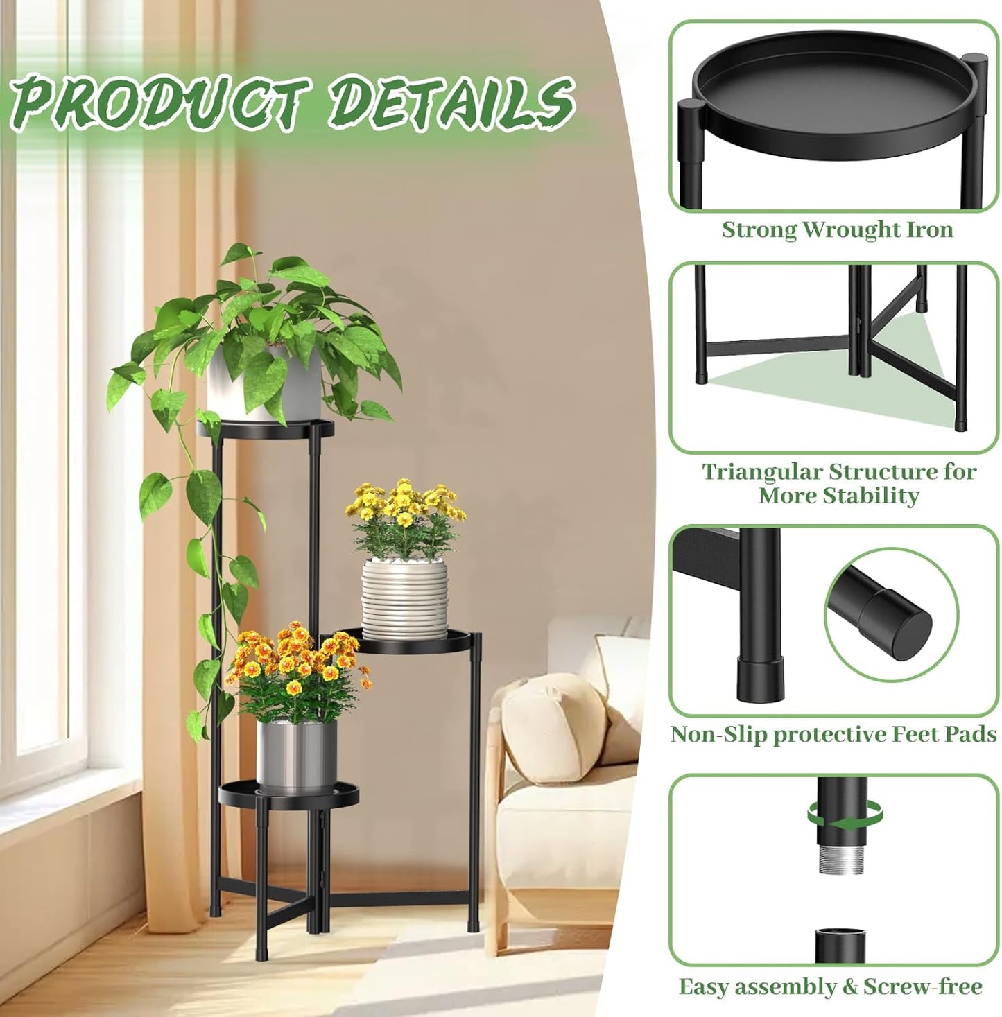 3 MOKANI Metal Plant Stand Indoor Outdoor for Multiple Plants, Tiered Folding Corner Shelf Tall Flower Pot Holder
