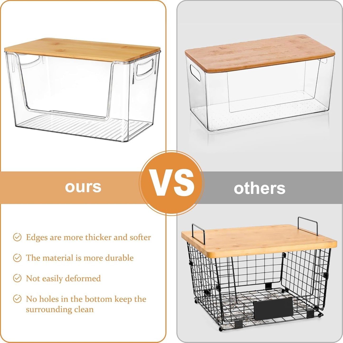 Pantry Organizers Storage, 2 Pack Large Capacity Clear Storage Bins with Bamboo Lids for Onion, Potato, Garlic, Canned Food, Under Sink Organizer Kitchen Countertop Organizer