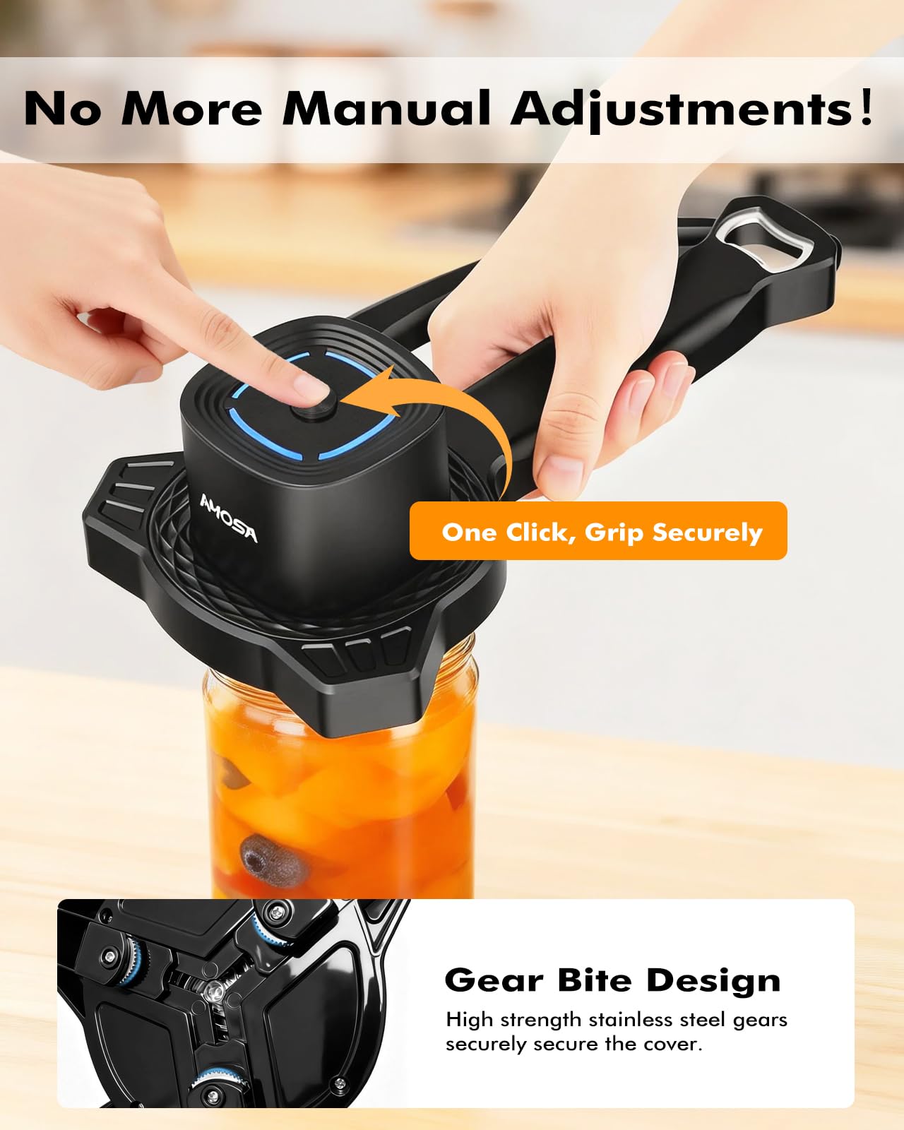 AMOSA Electric Jar Opener with Gripper Pad, Auto-Tighten & Manual Twist Jar Lid Opener, Lid Opener & Bottle Opener for Seniors, Arthritis Sufferers, Weak Hands