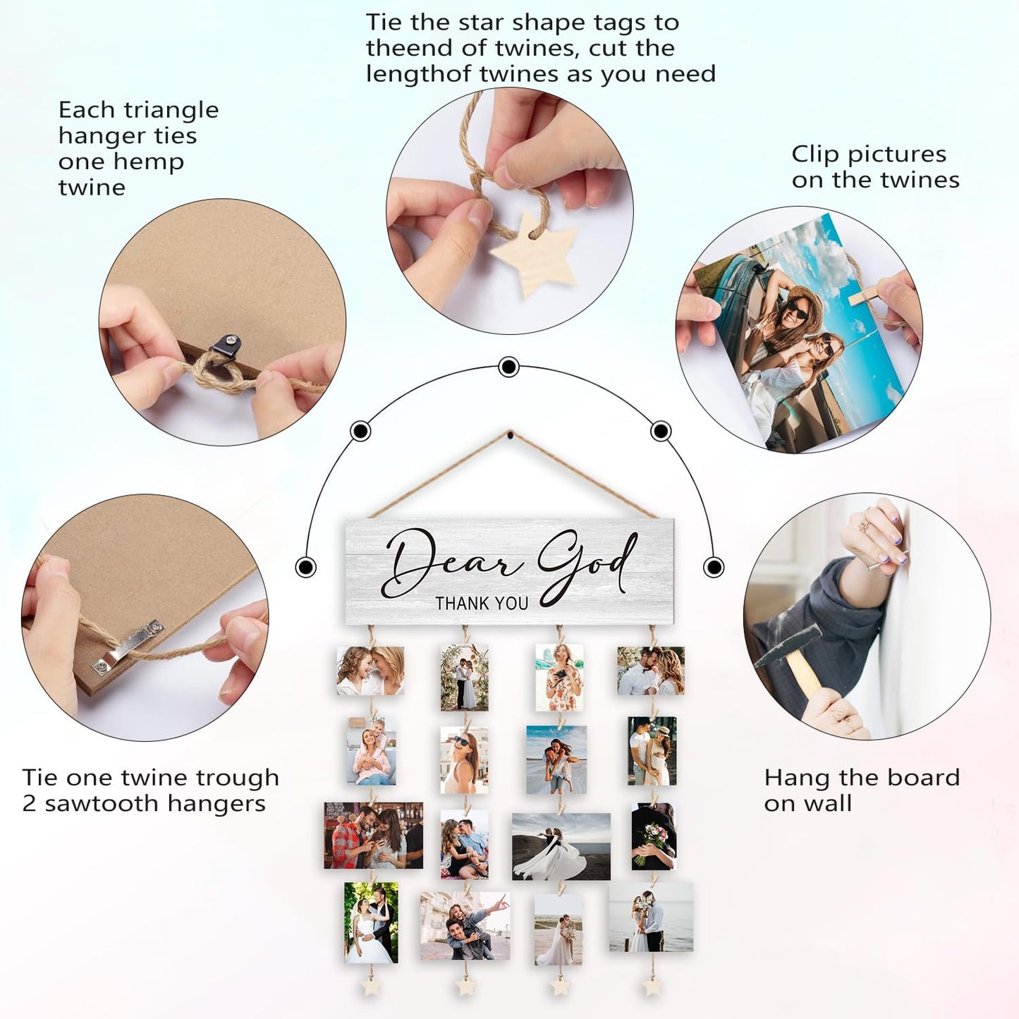 Orchroma Picture Frames Collage Wall Decor,Photo Collage Frame for Wall,Picture Hanging Kit,Christian Wall Art,Bible Picture Board,Dear God Thank You Hanging Photo Display with Clips