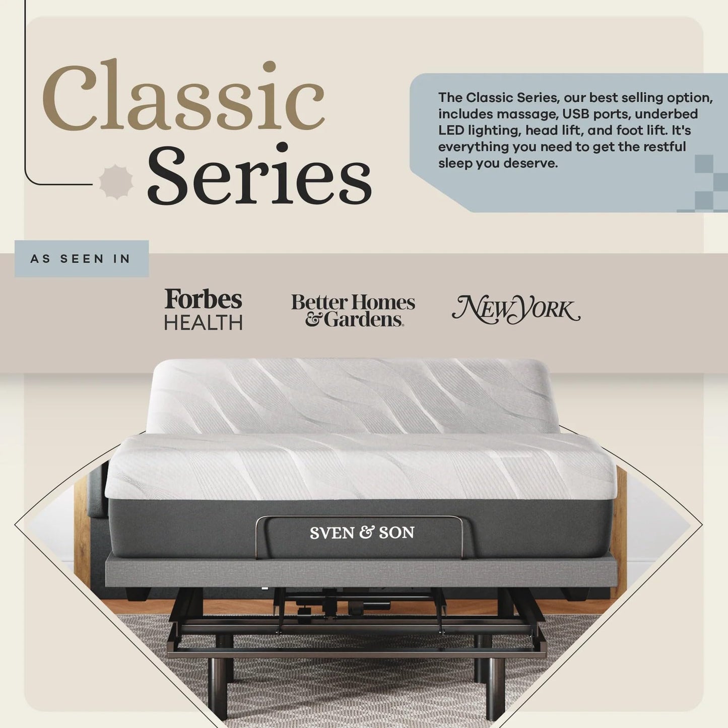 Sven & Son Classic Adjustable Bed Base, Head and Foot Lift, Massage, Under-Bed Lights, USB, Gel Memory, Zero Gravity Smart Frame - Full + 12 inch Memory Foam Matt (Medium)