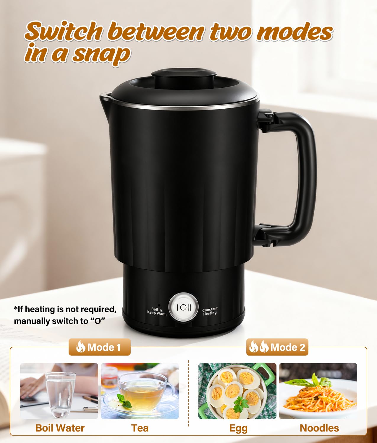 Portable Travel Electric Kettle, 600ML Small Water Kettle with Ceramic Cup, 304 Stainless Steel Water Boiler with Dual Power Control, Compact Design for Camping, RV, Business Trip & Hotel Stays, Black
