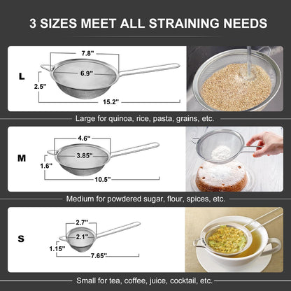 Walfos Fine Mesh Strainers Set, Premium Stainless Steel Colanders and Sifters, with Reinforced Frame Sturdy Handle, Perfect for Sift, Strain, Drain Rinse Vegetables, Pastas Tea - 3 Sizes
