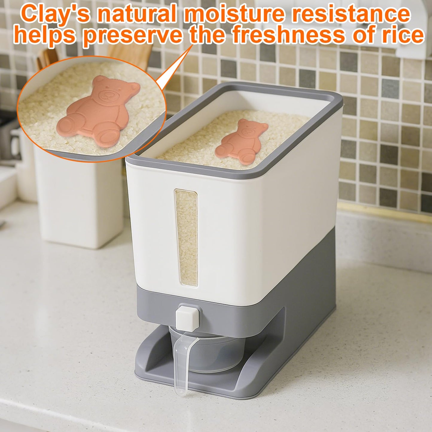 Mity rain Rice Dispenser 20 Lbs with Moisture Absorbing Clay, Rice Storage Container with Measuring Cup, 12 L Cereal Containers Storage Airtight for Kitchen Pantry Organization