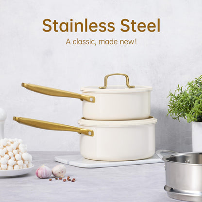 CAROTE 1.5Qt & 3.0Qt Stainless Steel Saucepan Set with Steamer & Ladle, Non-Toxic 3-Ply Stainless Steel Pot with Lids, Small Pots for Cooking, Oven Safe, Induction Compatible Cookware