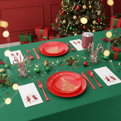 Shellwei 280 Pcs Plastic Dinnerware Set, Disposable Plates Includes 40 Dinner Plates 40 Cups 40 Dessert Plate 40 Papers Napkins 40 Forks Knives Spoons for Party (Christmas)